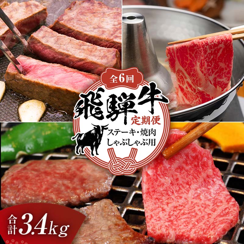 【定期便】飛騨牛 全6回 合計3.4kg ステーキ 焼肉 しゃぶしゃぶ 牛肉 黒毛和牛 5等級 肉 F6M-061 全6回 合計3.4kg