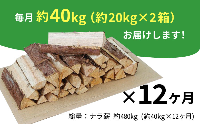 12ヶ月定期便 なら薪 中～大割 約40kg ( 約20kg×2箱 ) 計480kg 12回 12ヶ月 中割 大割 薪ストーブ アウトドア キャンプ 焚火 暖炉 楢 ナラ 薪 まき 雑貨 日用品 定期便 定期 1年定期 発送月 毎月届く 森林 木 木材 東白川村