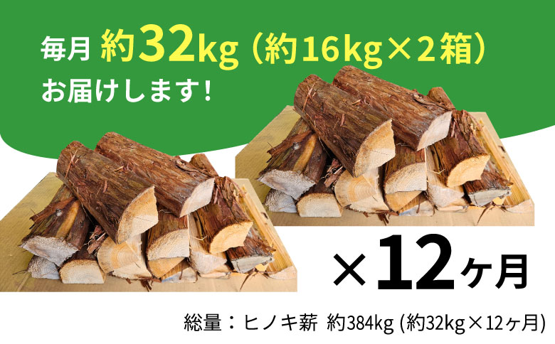 【12ヶ月定期便】東濃ヒノキ薪 中割～大割 約32kg ( 約16kg×2箱 ) 計384kg 12回 12ヶ月 皮付き 中割 大割 薪ストーブ アウトドア キャンプ 焚火 暖炉 薪 まき 桧 ひのき ヒノキ 雑貨 日用品 定期便