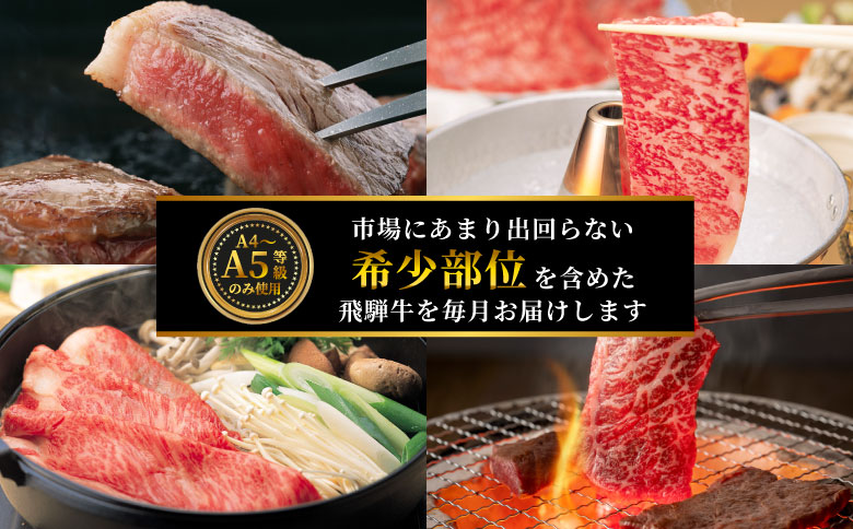 飛騨牛 希少部位 定期便 全6回 計1.86kg 2人前相当 すき焼き しゃぶしゃぶ ステーキ 焼肉 BBQ リブロース ランプ イチボ とも三角 ミスジ リブロースステーキ 贅沢 贈り物 6ヶ月 定期 おすすめ レア 人気 飛騨 ブランド牛 牛肉 肉 肉のひぐち 【7月発送開始】