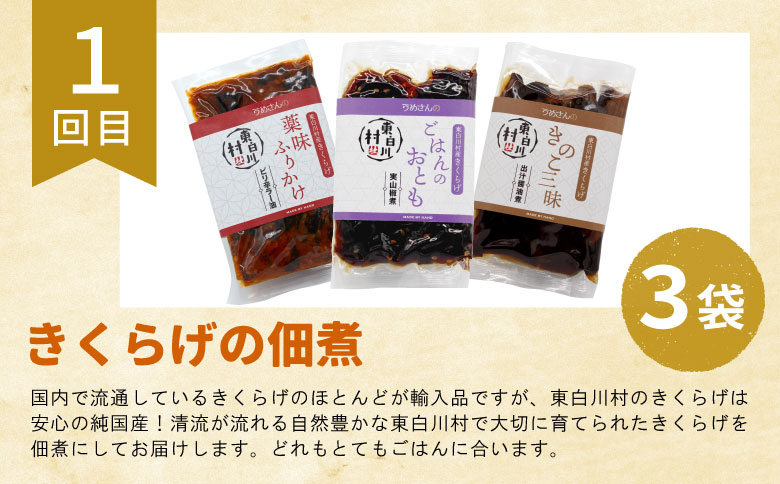 東白川村 グルメ定期便 全3回 特産品 名物 朴葉寿司 漬物 きくらげ 佃煮 味付けあげ あげ 揚げ ごはん おつまみ おかず 薬味 田舎 ご飯 ごはんのおとも 朴葉 寿司 季節 食べ比べ 岐阜 東濃 定期 毎月お届け 郷土料理 ふるさとの味 つちのこ