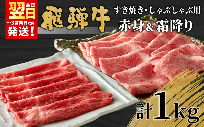 【12/26入金分まで年内発送】 飛騨牛 赤身＆霜降り2種セット (すきしゃぶ用) 計1kg もも カタ ロース カタロース 肩ロース 牛肉 和牛 肉 すき焼き しゃぶしゃぶ 東白川村 岐阜 霜降り 赤身 鍋 養老ミート