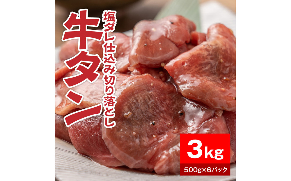 牛タン塩ダレ仕込み切り落とし3kg（500g×6パック）【配送不可：離島】