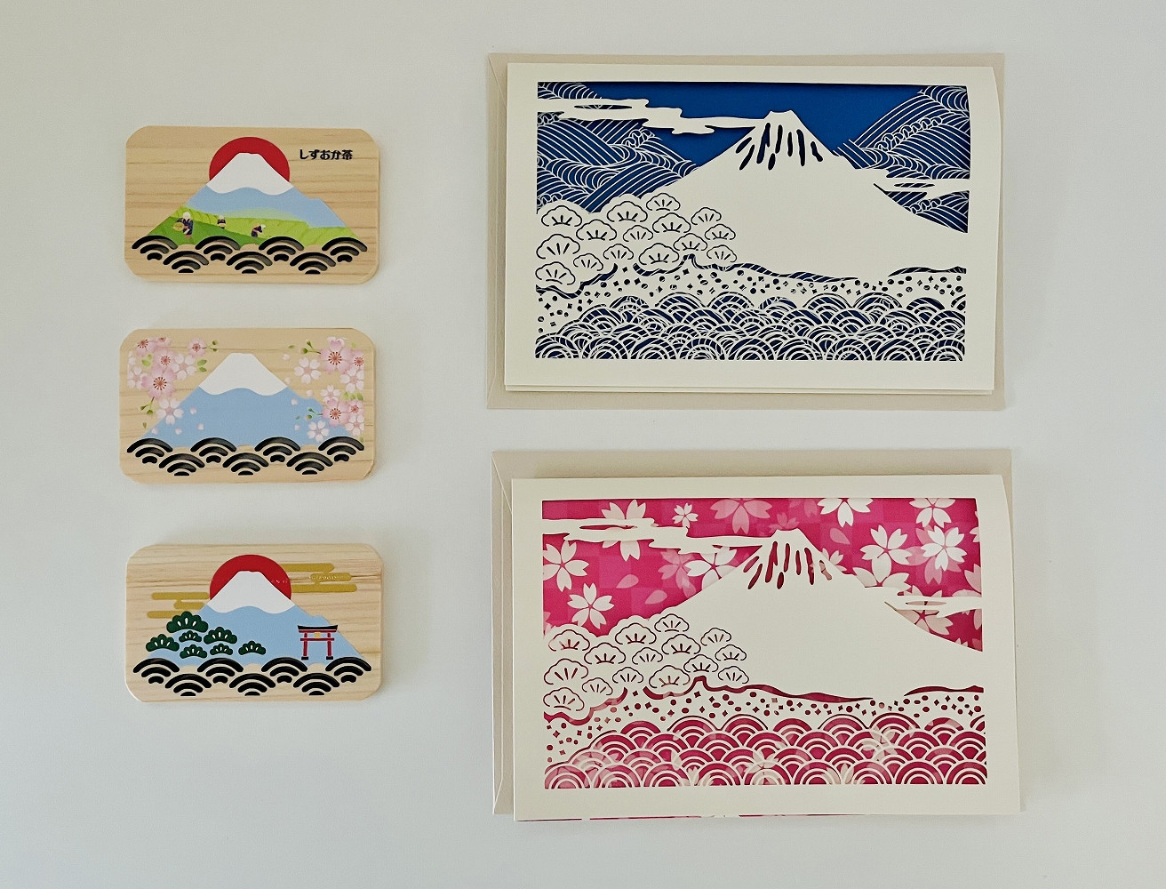 富士山と三保松原を贈る ヒノキのマグネット＆切り絵レターセット（5点入り）□