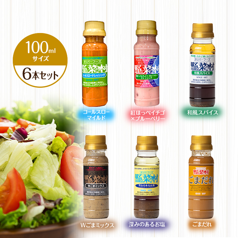 野菜村ドレッシング プチセット B（コールスローマイルド、紅ほっぺいちご×ブルーベリー、和風スパイス、Ｗごまミックス、深みのあるお塩、ごまだれ）各100ｍl 各1本 計6本 ドレッシング 調味料 静岡 浜松市