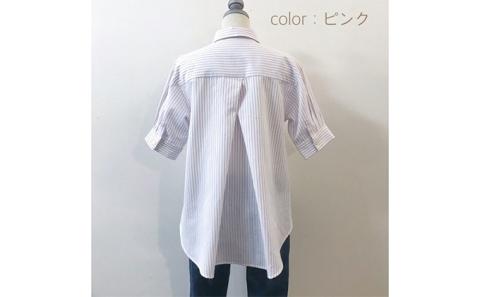 【遠州織物】武襯衣 先染ストライプドビー織シャツ　レディース 半袖 ピンク