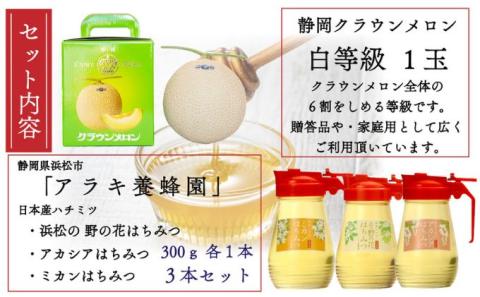 クラウンメロン並【白等級】中玉1玉＋アラキ養蜂園の国産はちみつ【アカシア＋ミカン＋野の花】300g×各1本（合計900g）