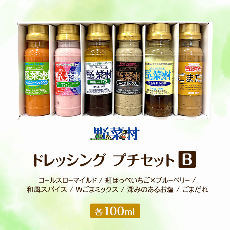 野菜村ドレッシング プチセット B（コールスローマイルド、紅ほっぺいちご×ブルーベリー、和風スパイス、Ｗごまミックス、深みのあるお塩、ごまだれ）各100ｍl 各1本 計6本 ドレッシング 調味料 静岡 浜松市