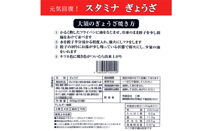 浜松餃子 大須のぎょうざ［ 浜松ぎょうざ にんにくマシマシ！元気回復！＜ スタミナ味 ＞］× 5袋（1袋20個入、合計100個）