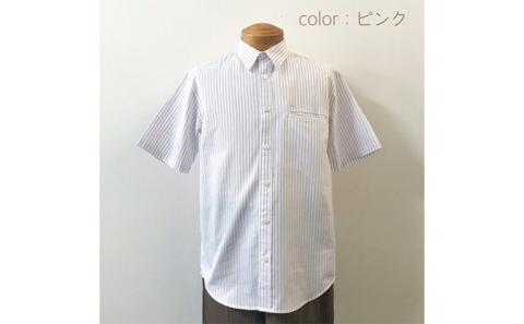 【遠州織物】武襯衣 先染ストライプドビー織シャツ　メンズ 半袖 ピンク　Ｌ