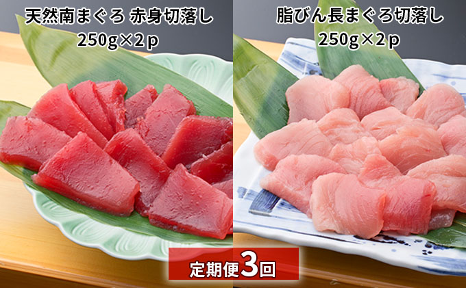 【定期便3回】天然南まぐろ 赤身 切落し＆ 脂びん長まぐろ 切落し【配送不可：離島】