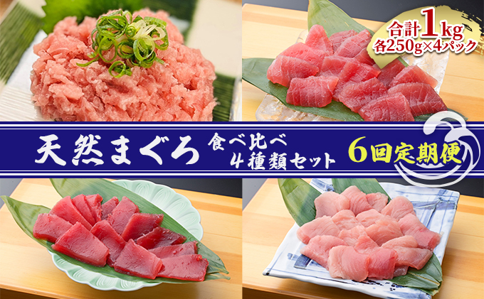 【6回定期便】天然まぐろ食べ比べ4種セット 合計1kg（バチマグロ切落し・びん長マグロ・ミナミマグロ・ネギトロ 250g×各１袋）×6回【配送不可：離島】