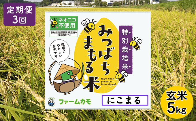 2025年12月上旬以降発送【定期便3回】雄踏ファームカモ産「みつばちまもる米」玄米 5kg にこまる）（3ヶ月連続・合計15kg） お米 コメ ご飯 ライス 特別栽培米 検査米 1等米 静岡 浜松