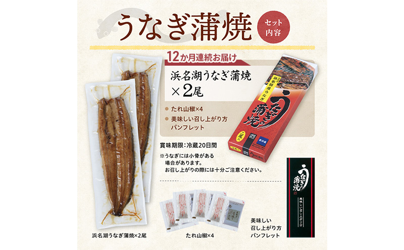【12か月定期便】浜名湖産うなぎ蒲焼　約140g×2尾入り　計12回 うなぎ ウナギ 鰻 ブランドうなぎ 蒲焼 浜名湖 とろける ふっくら 香ばしい 旨味 肉厚 自家製たれ 二度焼き 静岡 浜松市