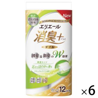0016-10-08 エリエール 消臭 + トイレットティシュー 芯からほのかに香る ナチュラルクリアの香り ダブル 72ロール トイレットペーパー 防臭 香り 日用品 消耗品 パルプ100％