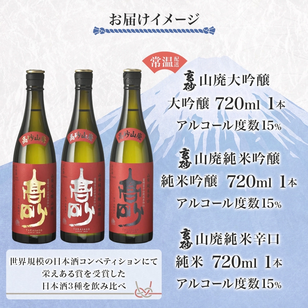 0016-106-04 高砂 山廃 3種飲み比べセット 720ml×各1本 山廃大吟醸 山廃純米吟醸 山廃純米辛口