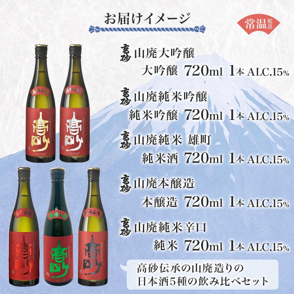 0034-106-01 高砂 山廃 5種飲み比べセット 720ml×各1本 山廃大吟醸 山廃純米吟醸 山廃純米雄町 山廃本醸造 山廃純米辛口