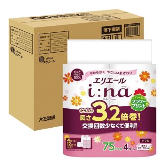 0016-10-05　エリエール i:na （イーナ） トイレットティシュー フラワープリント 3.2倍巻 ダブル 4R×8パック 32個 【ハーフケース】　75m 32ロール トイレットペーパー