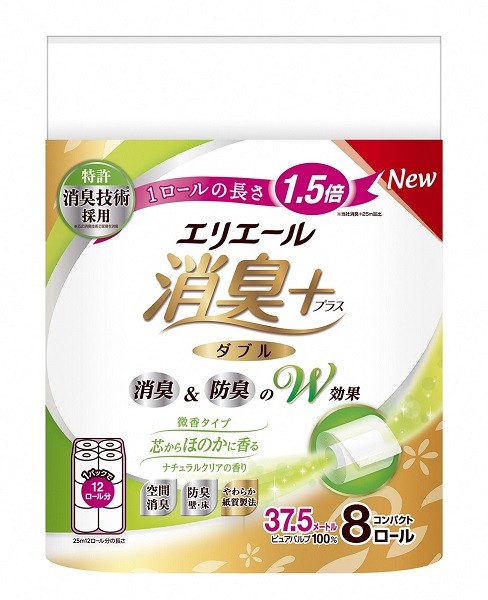 0025-10-05 エリエール 消臭＋ トイレットティシュー ほのかに香るナチュラルクリアの香り コンパクトダブル 8ロール×12パック 96ロール　1.5倍巻 37.5m トイレットペーパー ダブル パルプ100％ 消臭 防臭 日用品 消耗品 備蓄