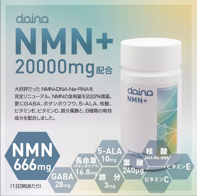 0060-105-01 NMN サプリメント 20000mg 日本製 国内製造 GABA ボタンボウフウ 5-ALA 核酸 ビタミンE ビタミンC クエン酸 鉄 Na 葉酸 daina NMN+ 90粒 30日 2本