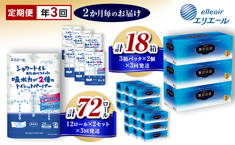 エリエール 定期便 年3回 隔月 シャワートイレのためにつくった吸水力が2倍のトイレットペーパー 12ロール 贅沢保湿ローションティシュー 3箱 2個ずつ セット 詰め合わせ ティッシュペーパー 保湿ティッシュ トイレ 日用品 静岡 静岡県 島田市