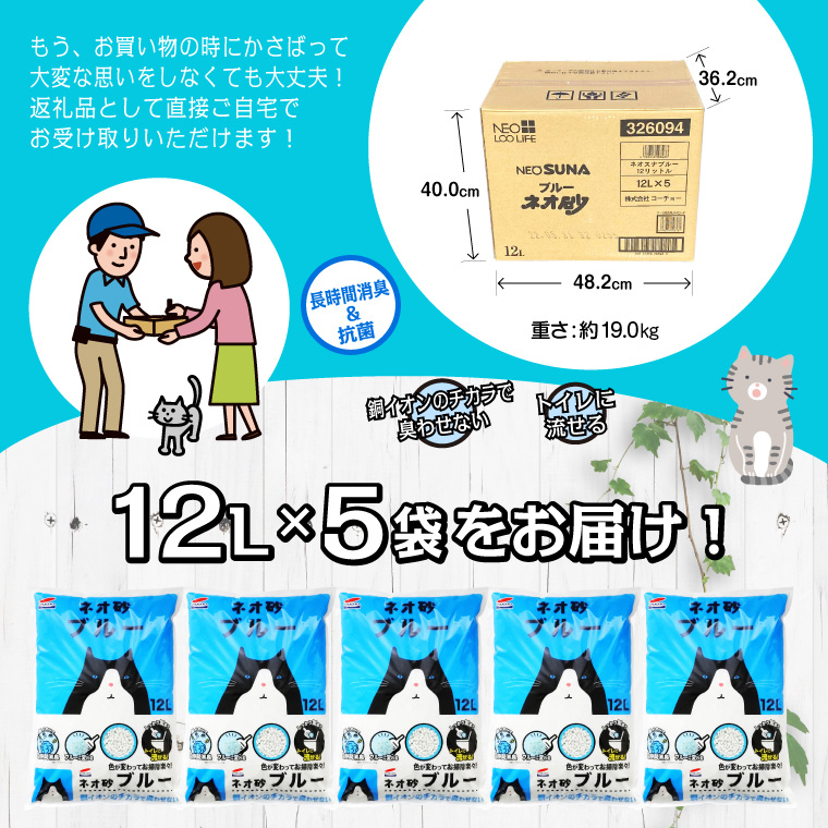ネオ砂ブルー 環境にやさしい猫砂 ブルーに変わって後処理らくらく 12L×5袋 抗菌 [sf002-016]