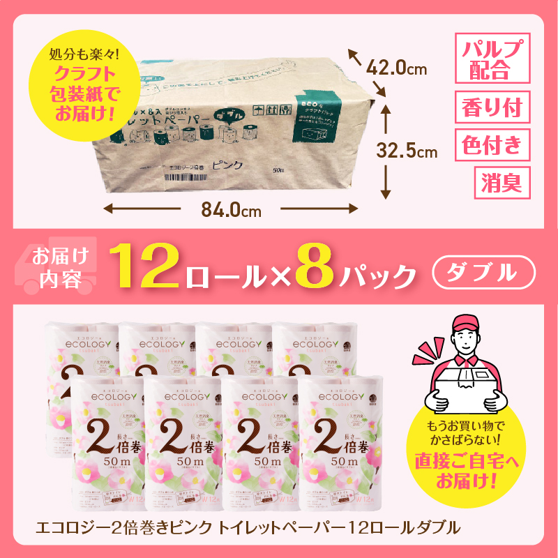 192ロール相当 エコロジー2倍巻きピンク トイレットペーパー ダブル 96ロール 日用品 [sf002-108]