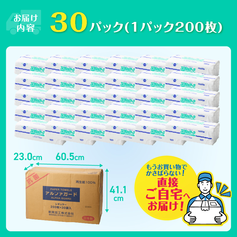安心・安全な抗菌タオルペーパー「アルファガード」レギュラーサイズ 200枚×30パック [sf002-180]