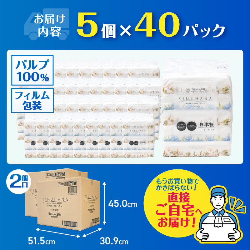 きぬはなソフトパックティッシュ 200個(5個×40パック) [sf002-544]