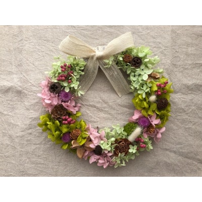 プリザーブドフラワーとドライ素材のナチュラルリース(アジサイ)