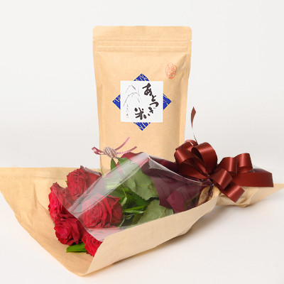 1月発送!同級生コンビでお届けする赤バラのブーケとおいしいお米のセット・お花長持ち栄養剤付き!