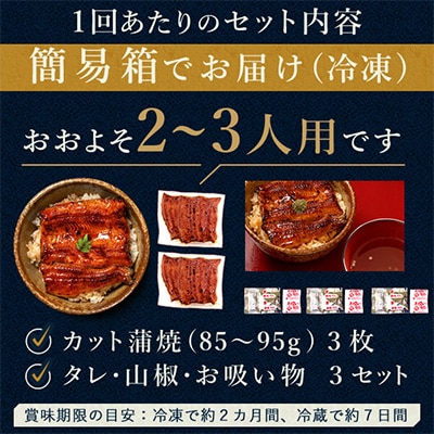 【2ヵ月毎定期便】浜名湖・うなぎのたなかの国産うなぎカット蒲焼(中)3枚※1回分255g程度全3回【配送不可地域：離島】