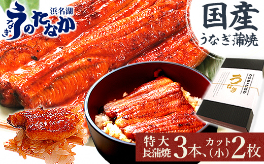 浜名湖・うなぎのたなかのふっくら柔らか国産うなぎ!長蒲焼3本、カット(小)2枚※合計650g程度【配送不可地域：離島】