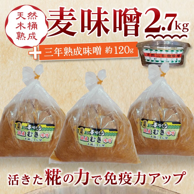a12-238　味噌 麦 手造り 職人 約900g×3袋+3年 熟成味噌 約120g