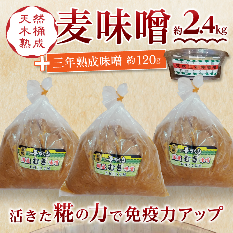 a12-238　味噌 麦 手造り 職人 約800g×3袋+3年 熟成味噌 約120g