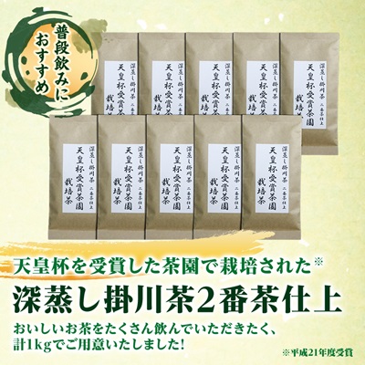 天皇杯受賞茶園栽培茶2番茶仕上　深蒸し掛川茶100g×10袋【配送不可地域：離島・沖縄県】
