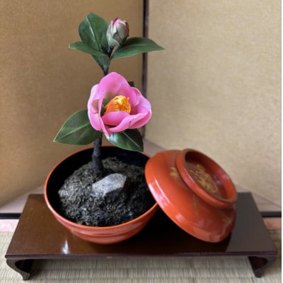 【冬 わびすけつばき】四季を彩る創作草もの盆栽(工芸品)～工房椿【配送不可地域：離島・北海道・沖縄県】