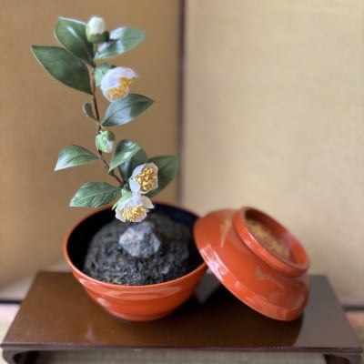 【茶の花】四季を彩る創作草もの盆栽(工芸品)～工房椿【配送不可地域：離島・北海道・沖縄県】