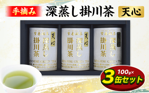手摘み 深蒸し掛川茶 天心 100g×3缶セット 箱入包装【配送不可地域：離島・沖縄県】
