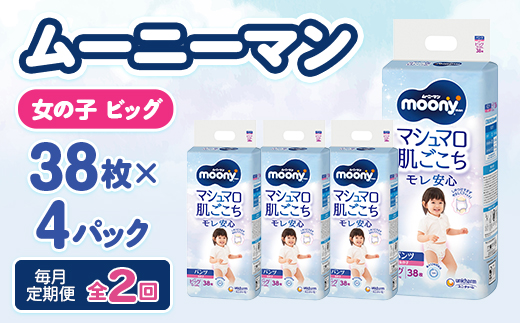 【毎月定期便】ムーニーマン マシュマロ肌ごこちモレ安心 女の子 ビッグ 38枚×4パック全2回【配送不可地域：離島・沖縄県】