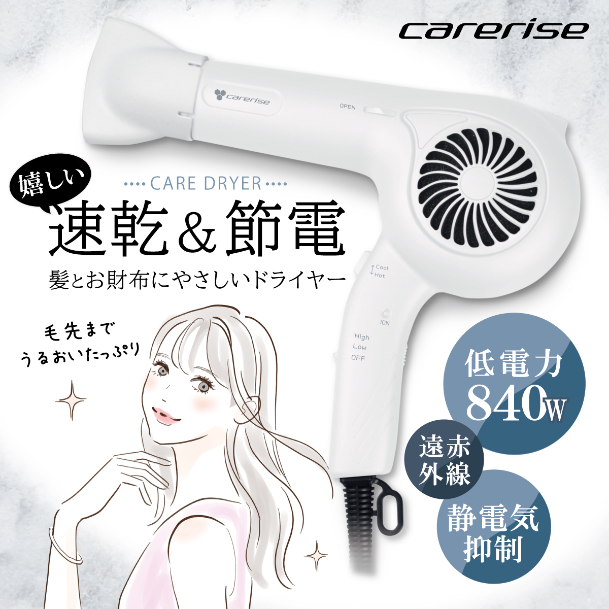 ドライヤー ケアライズ ヘアドライヤー ホワイト 【 TF-1208 】 速乾 節電 美容 家電 ダメージ 軽減 温風 冷風 髪 ヘアケア 頭皮ケア 遠赤外線 ケアライズイオン プロ仕様 静岡県 藤枝市