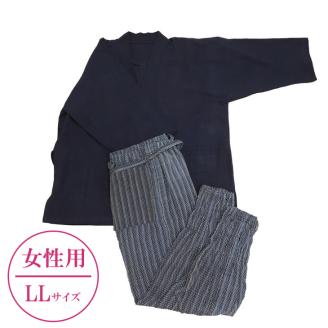 【LLサイズ×女性用：ファスナー無し】天然にこだわった自慢の逸品　【みくりや染織】正藍染手織り木綿作務衣上下一式（上衣無地・ズボン刺し子織り）