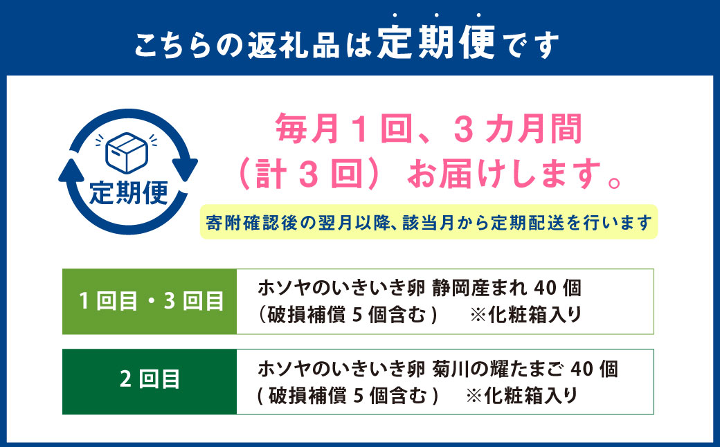 【 3ヶ月 定期便 】「 ホソヤさんちのいきいき卵 」40個割れ補償 5個含む （合計 120個） セット 静岡産まれ 菊川の耀たまご  化粧箱入 たまご 卵 玉子 生卵 静岡 国産