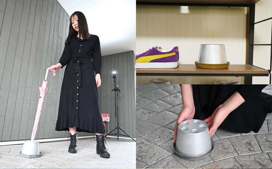 【受皿：テラコッタ】コンパクト 傘立て （ロゴあり） 傘 カサ 傘立 アルミ製 かさたて かさ立て 傘たて ロゴ 受け皿 シンプル 倒れにくい カフェ サロン 高級感 安定感 業務用 家庭用 静岡 菊川市