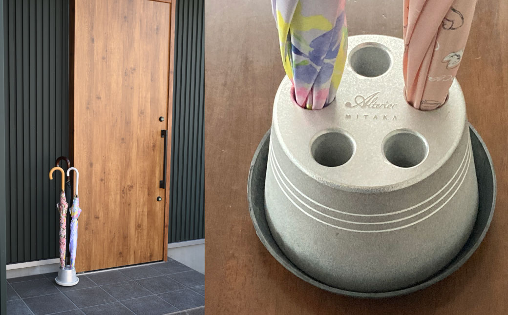 【受皿：テラコッタ】コンパクト 傘立て （ロゴあり） 傘 カサ 傘立 アルミ製 かさたて かさ立て 傘たて ロゴ 受け皿 シンプル 倒れにくい カフェ サロン 高級感 安定感 業務用 家庭用 静岡 菊川市