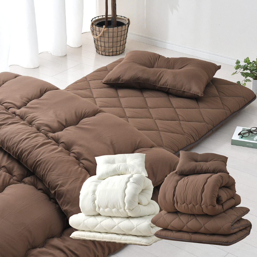 日本製 ボリューム 布団 3点 セット （ブラウン） ふとん 寝具 掛布団 敷布団 枕 職人 手作り 抗菌 防臭 防ダニ 静岡県 菊川市