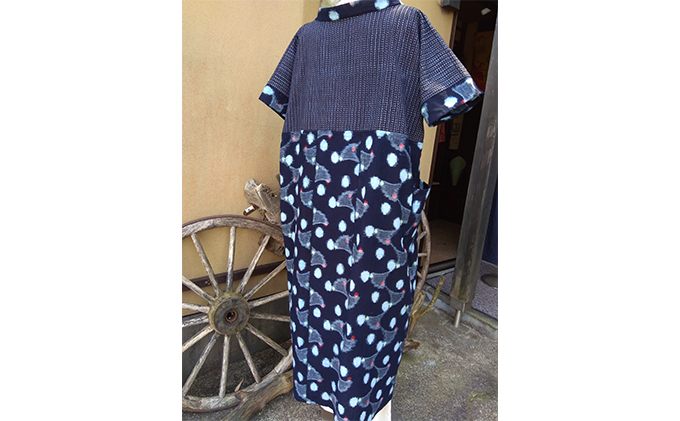 手作りの世界に1つしかない久留米絣と伊予絣のツートンロングワンピース