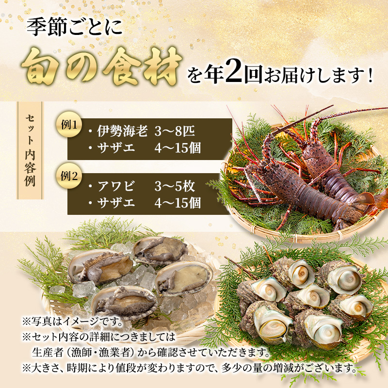 海鮮 定期便 2ヵ月 伊勢海老 3～8匹 サザエ 4～15個 アワビ 3～5枚 海鮮セット 旬 活 伊勢えび 海老 えび あわび 鮑 さざえ 貝 魚介 魚介類 刺身 鉄板焼き つぼ焼き セット 詰め合わせ 冷蔵 冷蔵配送 静岡 静岡県 河津 河津町 定期 6ヶ月ごと計2回