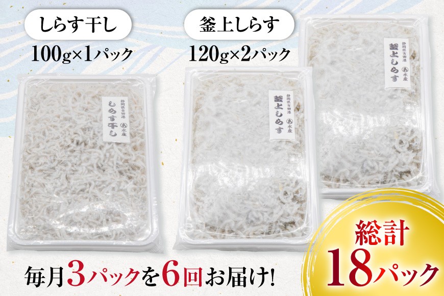 6回 定期便 駿河湾産 しらす干し 100g×1 釜上げしらす 120g×2 計3パック [マルあ水産 静岡県 吉田町 22424641] 魚 海鮮 しらす 白子 シラス 天日 じゃこ 小分け おじゃこ しらす干し