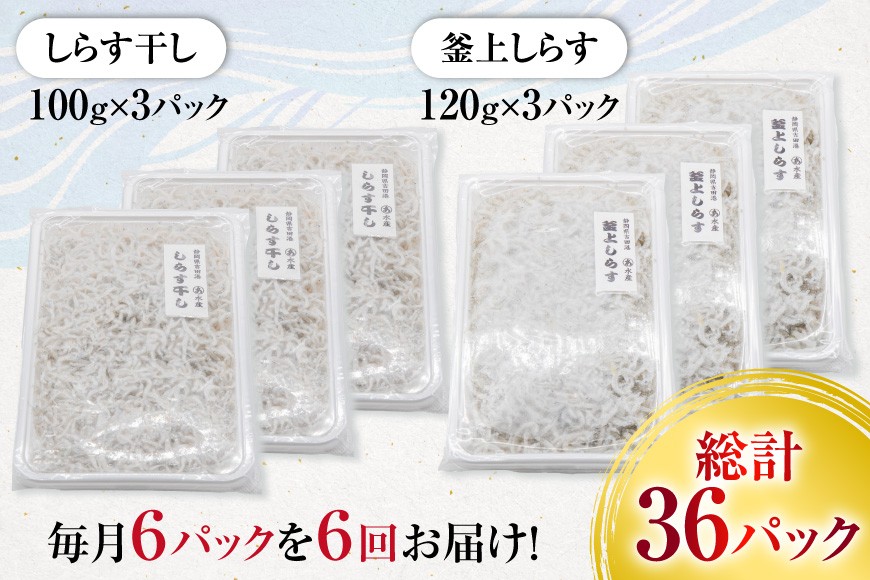 6回 定期便 駿河湾産 しらす干し 100g×3 釜上げしらす 120g×3 計6パック [マルあ水産 静岡県 吉田町 22424643] 魚 海鮮 しらす 白子 シラス 天日 じゃこ 小分け おじゃこ しらす干し